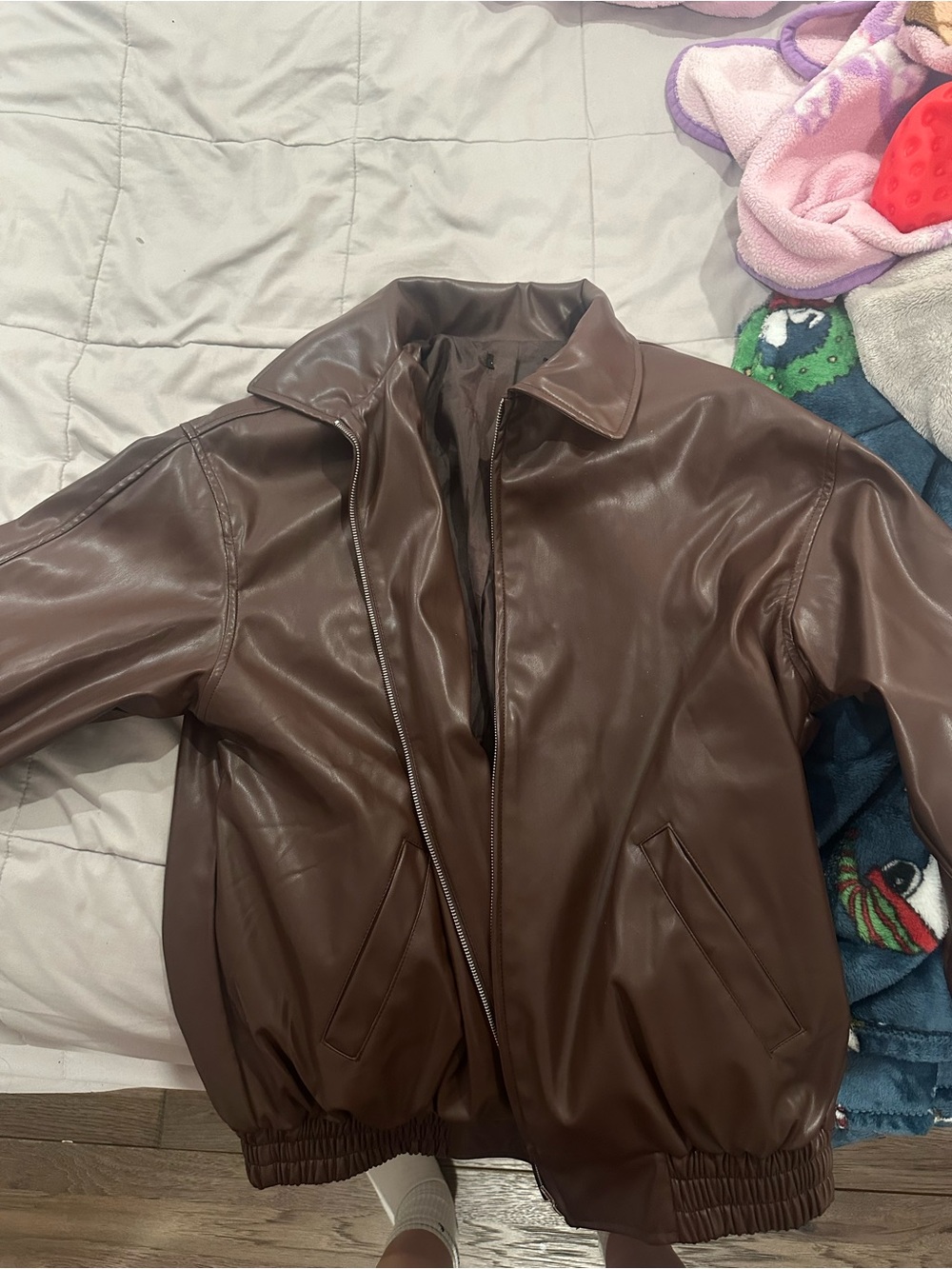 Womens Brown Faux Leather Bomber Jacket